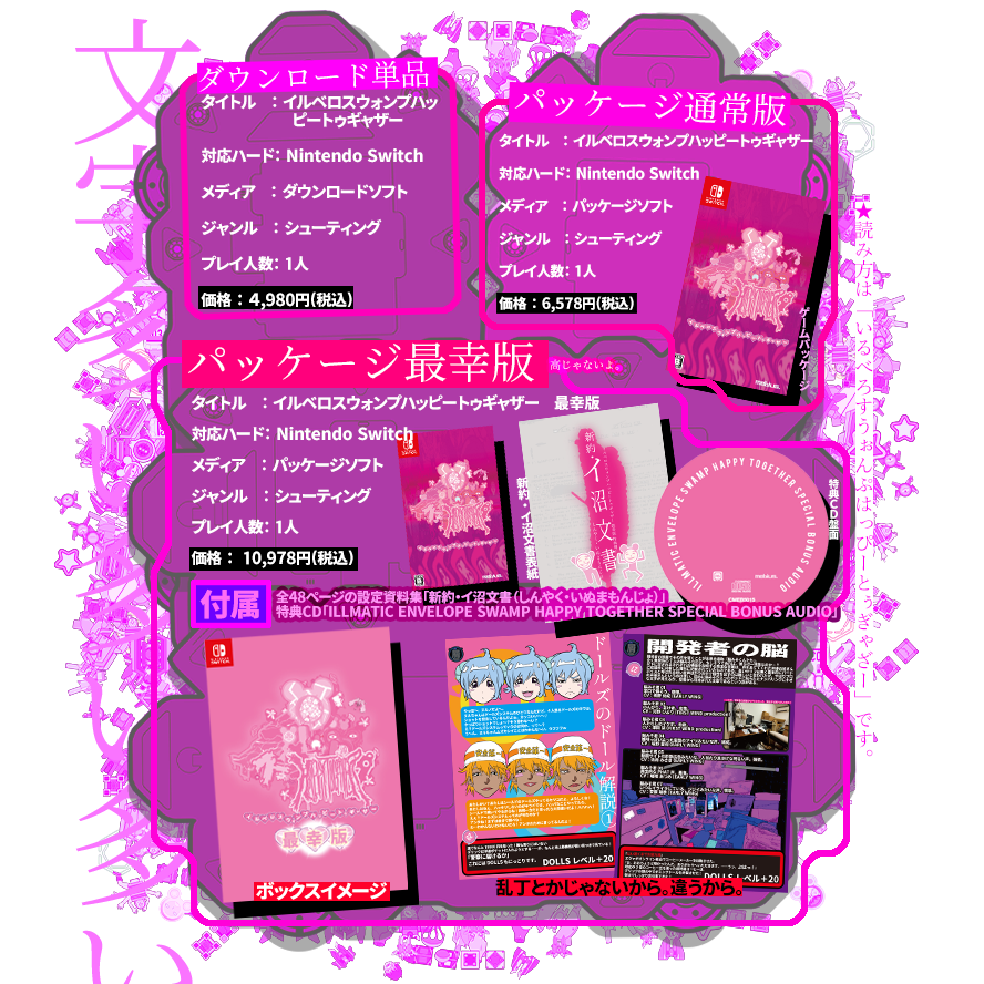 Nintendo Switch Ilvelo Swamp Happy Together - official edition comparison: standard physical package upper right; download and limited editions not included