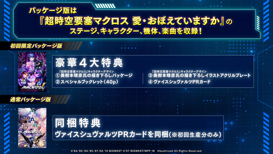 Nintendo Switch Macross Shooting Insight Limited Edition - First Limited package at upper left and contents; standard edition below not included