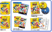 Sonic Mania Plus - official SEGA comparison of Japanese Deluxe Package contents; Nintendo Switch box and reversible jacket at bottom left, PS4 example above. This listing includes one Switch game only, plus shared soundtrack and artbook.