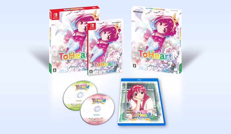 ToHeart Premium Edition - official Nintendo Switch game and box at left with two anime Blu-rays below; Windows alternative at right is not included