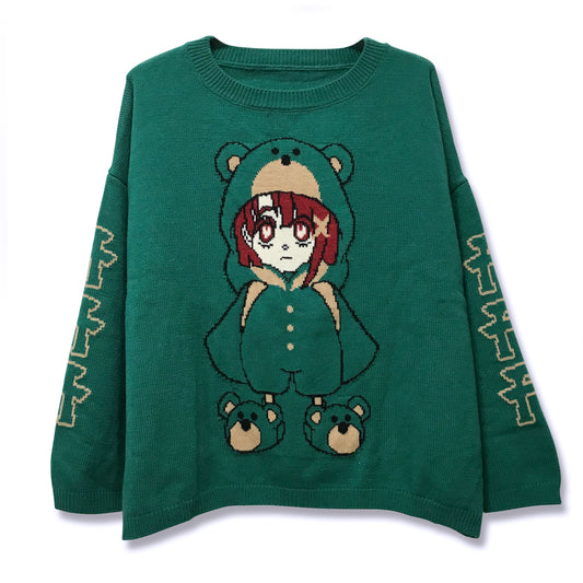 Serial Experiments Lain x KUDAN Bear Lain Revolution Knit Sweater in Dark Teal - official product photo 1