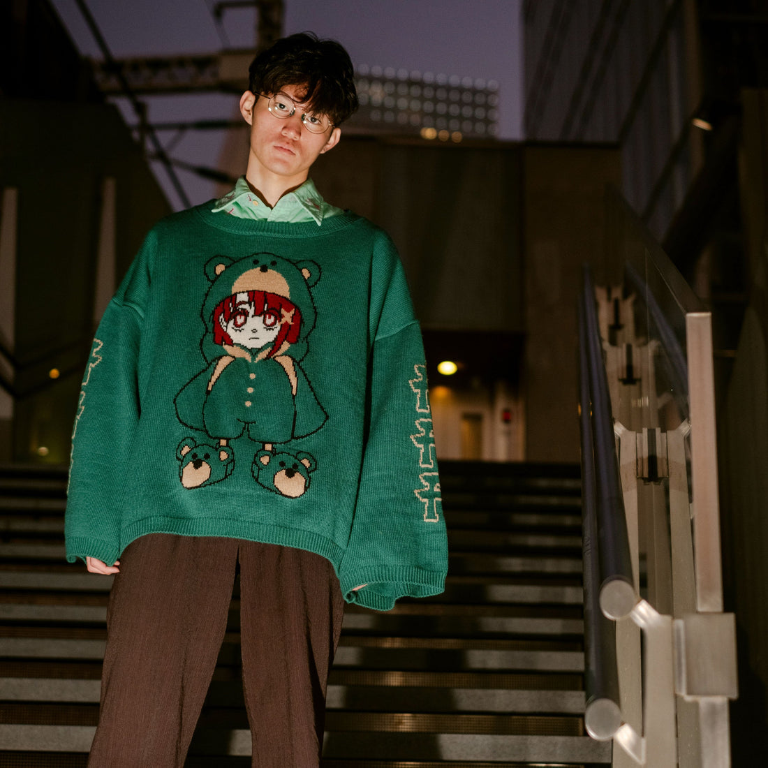 Serial Experiments Lain x KUDAN Bear Lain Revolution Knit Sweater in Dark Teal - official product photo 10