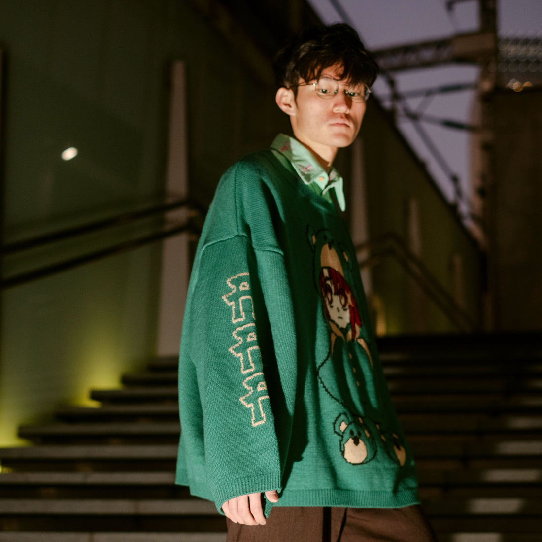 Serial Experiments Lain x KUDAN Bear Lain Revolution Knit Sweater in Dark Teal - official product photo 11